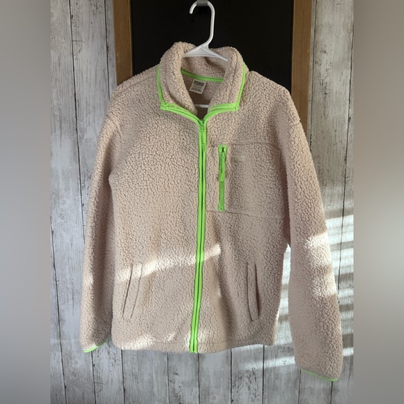 Victoria's Secret PINK Sherpa Fleece Tan Green Accent Pullover Jacket Women’s S - Picture 1 of 6